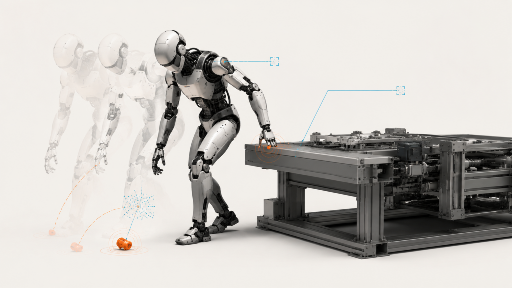 Humanoid beside a dropped component with a short visual trail of preserved machine states.