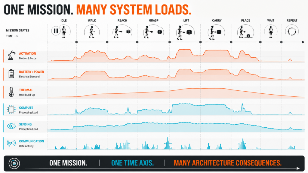 Time-based humanoid mission profile aligned with actuation, power, thermal, compute, sensing and communication load traces.