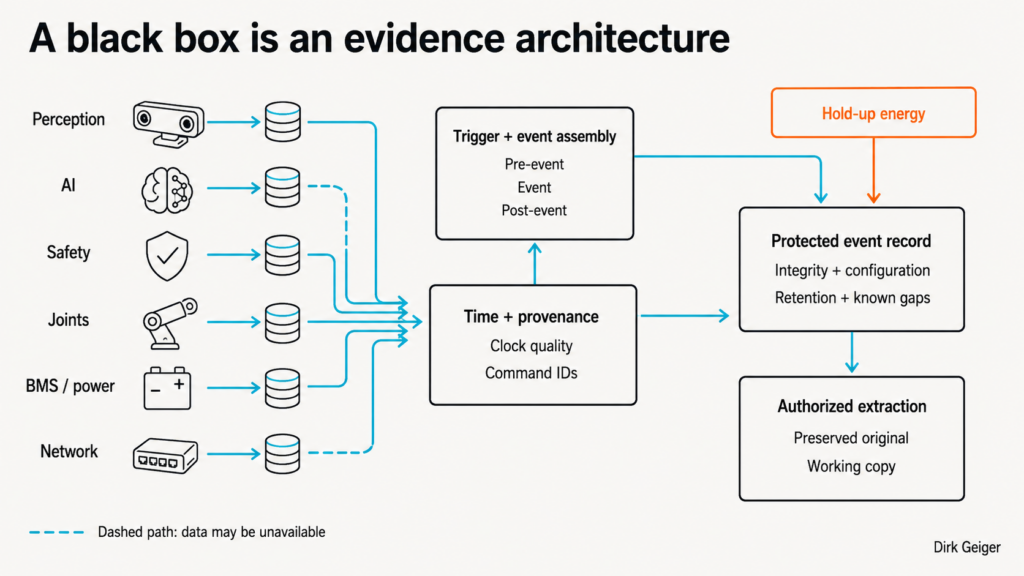 Distributed robot domains feed local buffers and an event assembler, with time quality, isolated write power and controlled extraction.