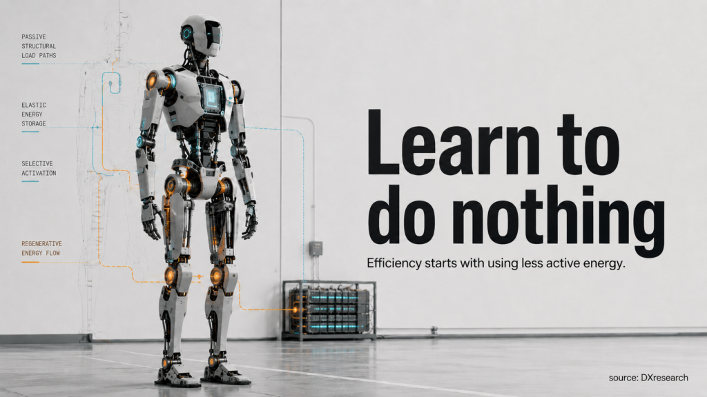 Humanoid robot standing in an industrial space with only selected joints, sensors and compute areas visibly active.