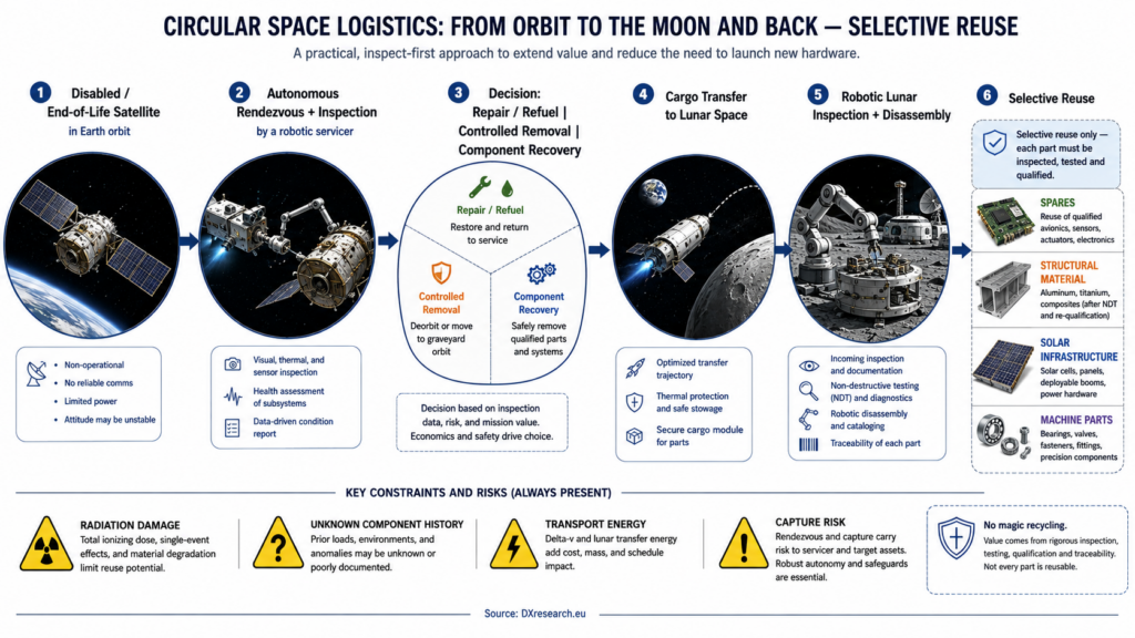 Infographic showing satellite inspection, servicing, selective recovery, lunar transfer, disassembly and reuse.