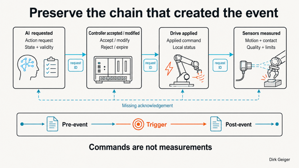 Four evidence stages connect AI requests to controller decisions, drive application and measured physical response, with a visible missing acknowledgement.