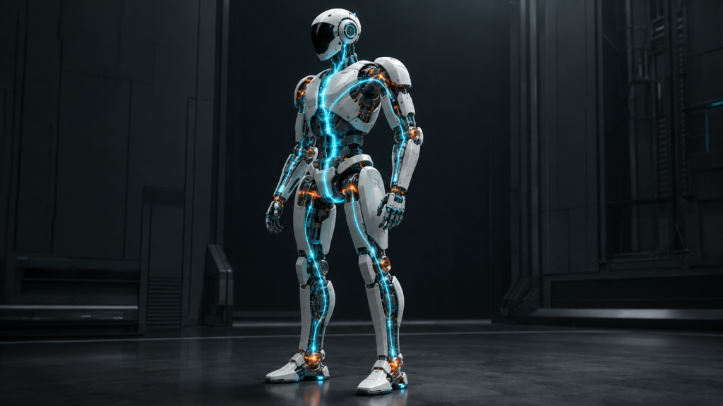 Humanoid robot with one luminous cyan communication backbone connecting sensors, compute and joints.