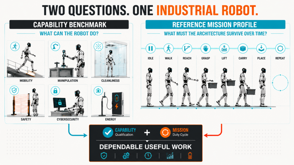 Infographic comparing capability benchmarking with a time-based humanoid reference mission profile.