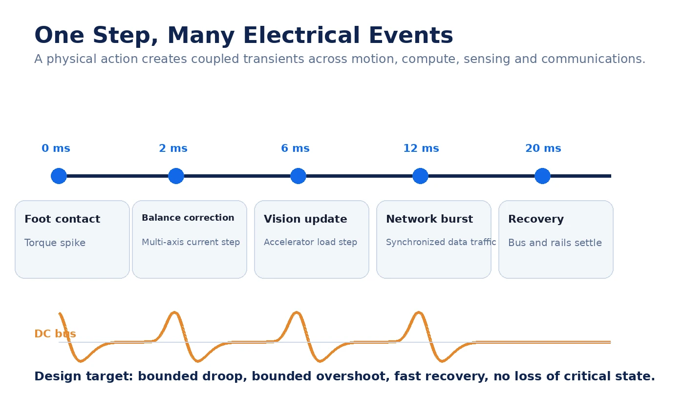 Timeline showing foot contact, balance correction, vision update, network burst, and recovery as coupled electrical transients.