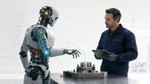 A humanoid robot communicates its intended motion to a skilled worker before reaching toward an industrial component.