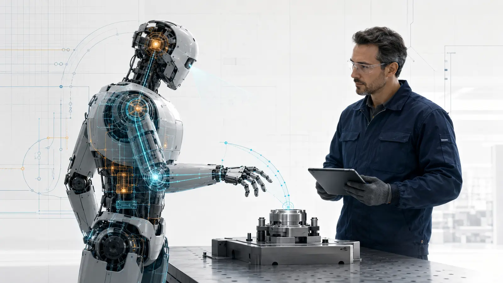 A humanoid robot communicates its intended motion to a skilled worker before reaching toward an industrial component.