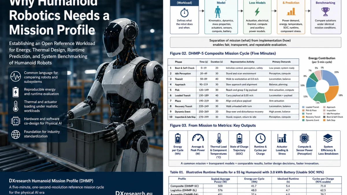 Industrial humanoid robot beside a technical DHMP mission-profile infographic.