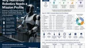Industrial humanoid robot beside a technical DHMP mission-profile infographic.