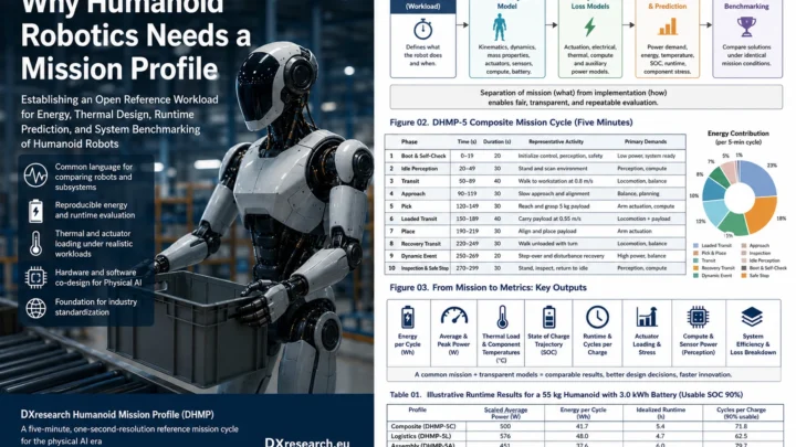 Industrial humanoid robot beside a technical DHMP mission-profile infographic.