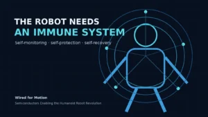 Stylized humanoid robot surrounded by layered protective rings and connected diagnostic nodes