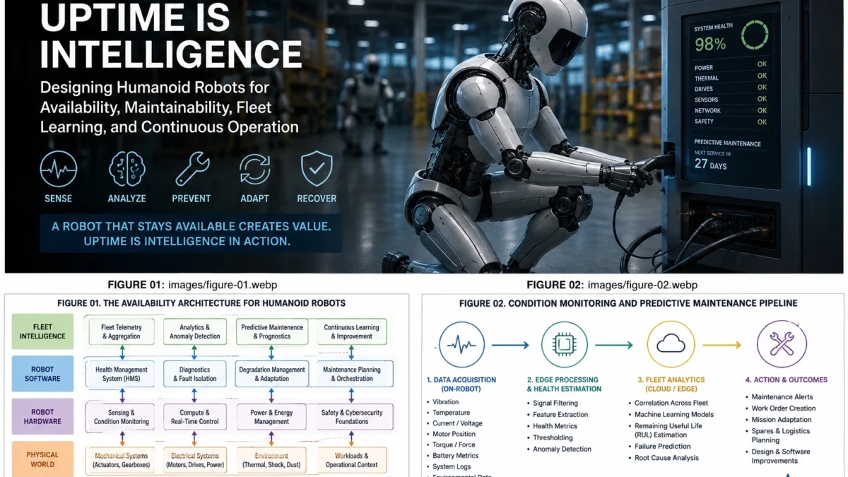 Humanoid robot undergoing predictive maintenance while system health is monitored.