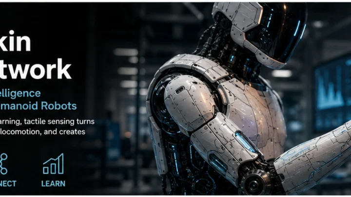 Humanoid robot touching a sensorized surface, illustrating whole-body tactile intelligence.