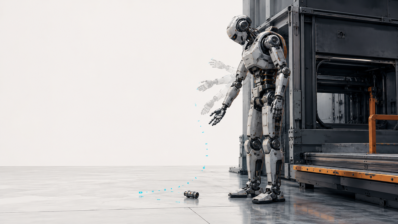 Humanoid beside a dropped component with a short visual trail of preserved machine states.