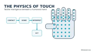 Humanoid hand with distributed tactile sensing points connected to a contact-to-action signal chain.
