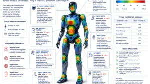 Thermal map of a humanoid robot illustrating concentrated heat sources in joints, power electronics, compute, and battery systems.
