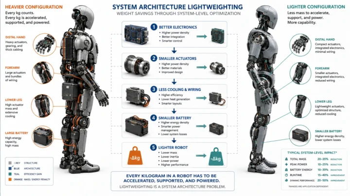 A robot beside a cascading sequence showing how lower distal mass can lead to smaller actuators, cooling, wiring and batteries.