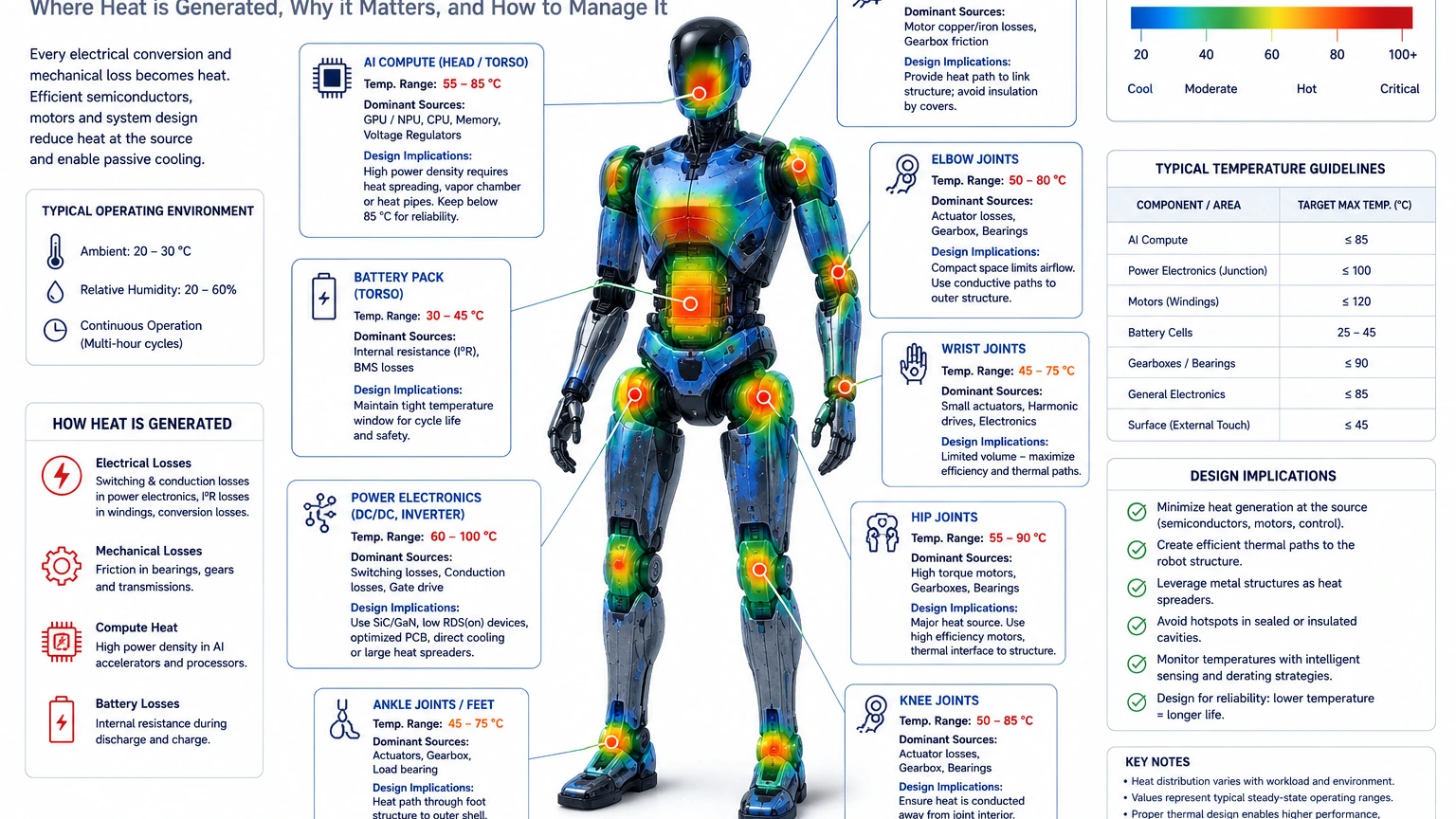 Thermal map of a humanoid robot illustrating concentrated heat sources in joints, power electronics, compute, and battery systems.