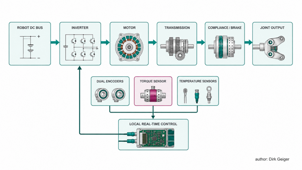 Functional architecture linking DC bus, inverter, motor, transmission, joint output and sensor feedback.