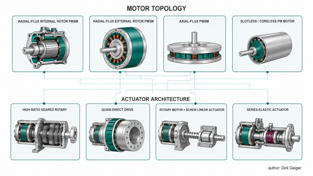 Comparison of four motor topologies and four actuator architectures used in humanoid joints.
