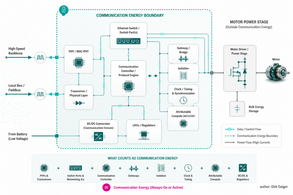 communication-energy accounting boundary around a humanoid network node