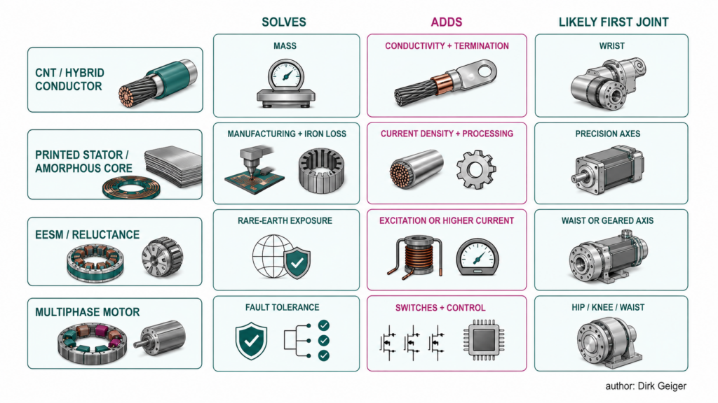 Matrix comparing emerging conductor, core, magnet-free and multiphase motor pathways.