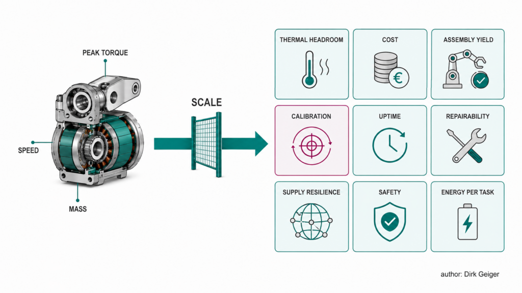 Prototype joint metrics expand into nine production and fleet requirements when humanoid actuation scales.