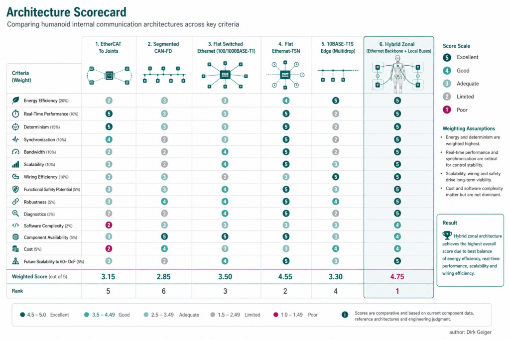 matrix scorecard comparing humanoid network architectures