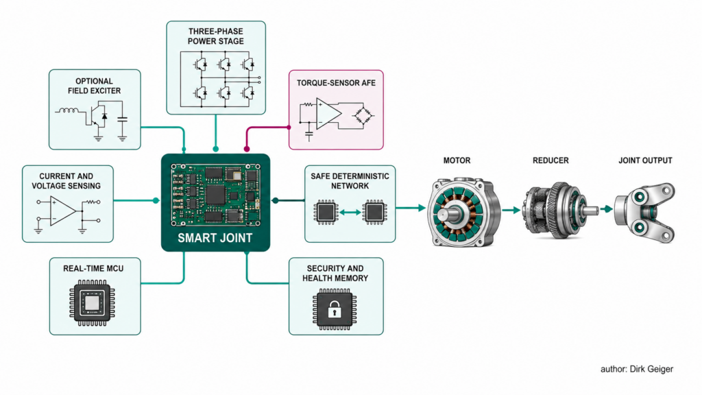 Smart-joint semiconductor architecture integrating power, sensing, control, communications, security and diagnostics.