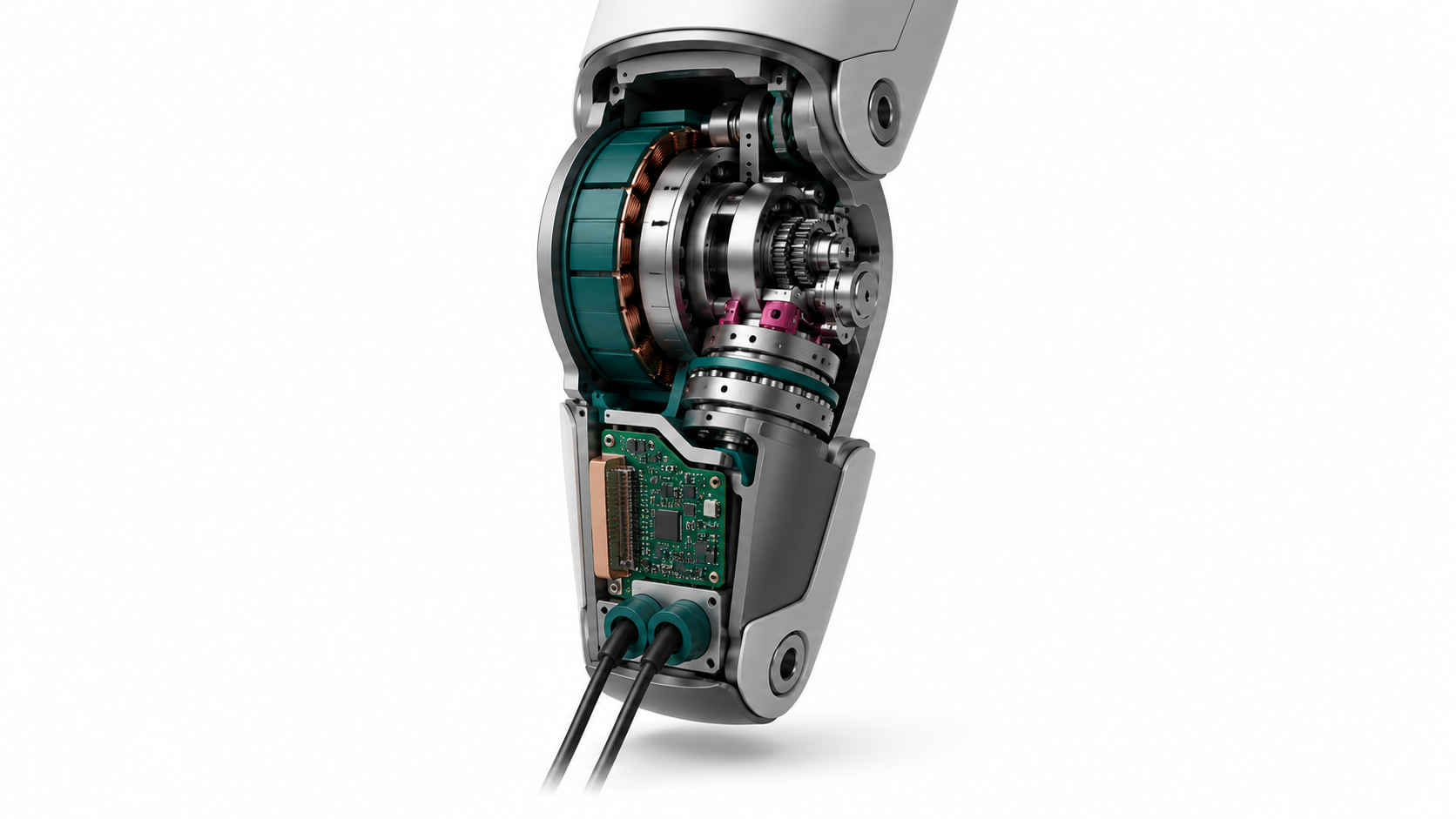Cutaway humanoid joint integrating motor, gearbox, sensing, electronics and cooling.
