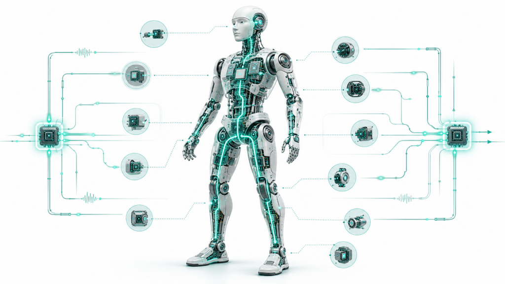 Humanoid technical illustration with internal communication paths distributed across body zones.