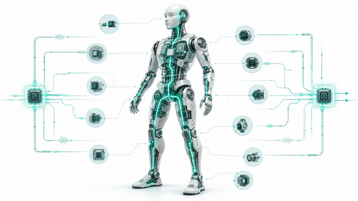 Humanoid technical illustration with internal communication paths distributed across body zones.