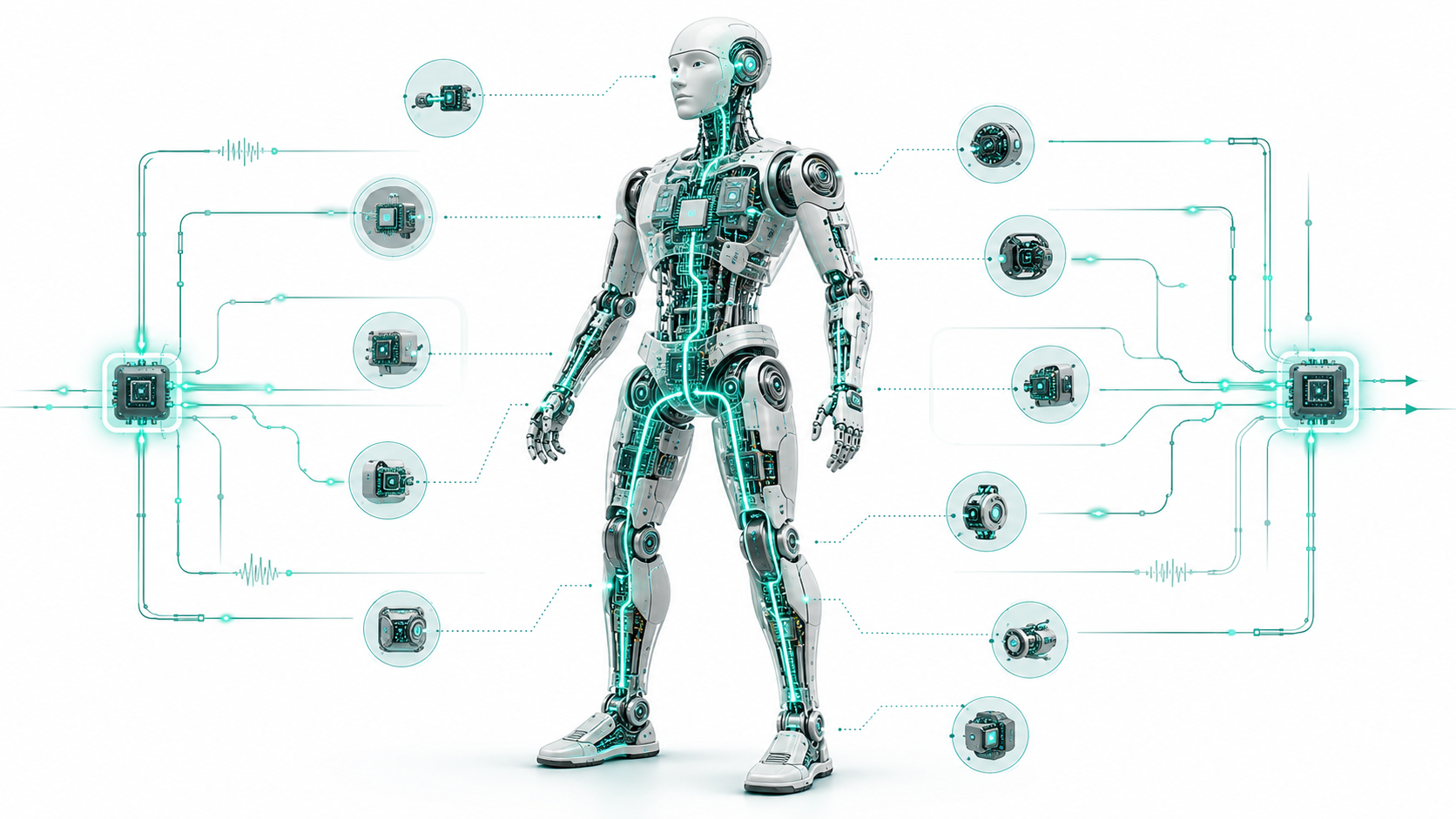 Humanoid technical illustration with internal communication paths distributed across body zones.