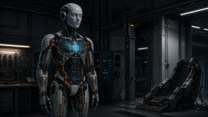 Humanoid standing motionless while most internal power paths dim and a small supervisory core remains active.