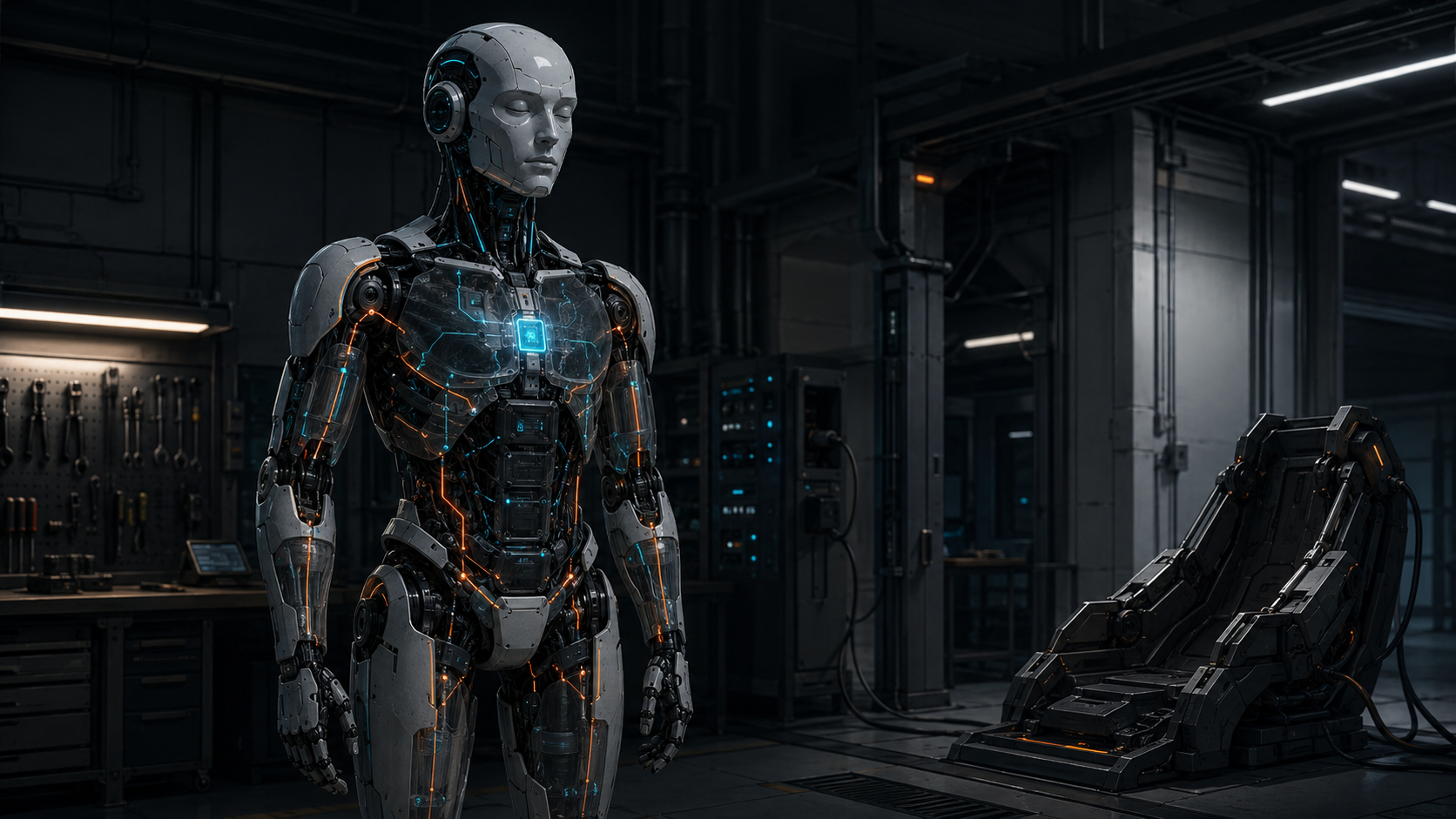 Humanoid standing motionless while most internal power paths dim and a small supervisory core remains active.