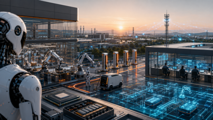 A humanoid at the edge of a layered industrial, digital and service ecosystem.