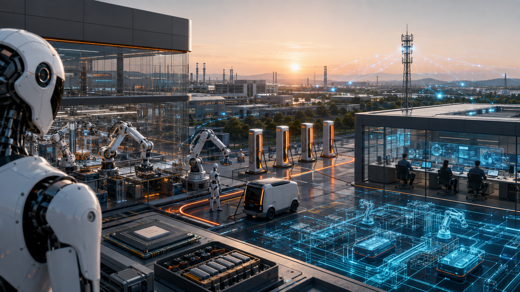 A humanoid at the edge of a layered industrial, digital and service ecosystem.