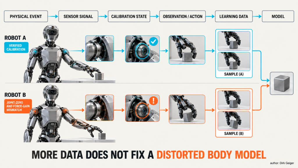 Two humanoids feed learning data through different calibration states, changing sample meaning.