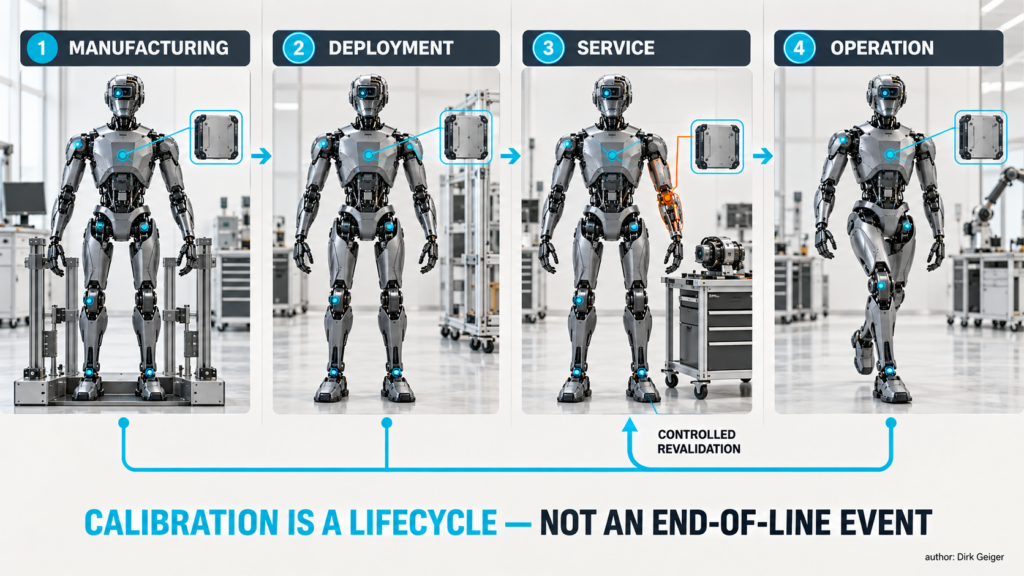 Four-stage lifecycle showing calibration through manufacturing, deployment, service and operation.