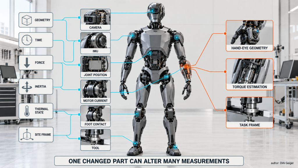 Engineering diagram linking humanoid geometry, time, force, inertia, temperature and site coordinates.