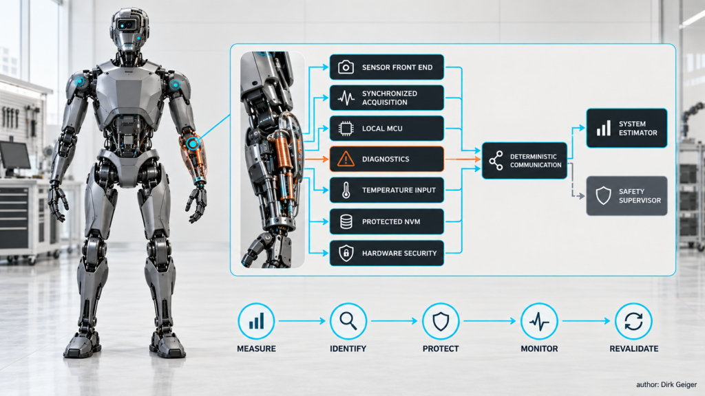 Block diagram combining sensing, synchronized acquisition, diagnostics, protected memory and security at a robot joint.