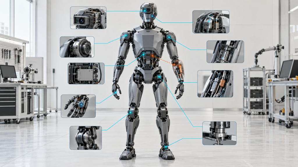 Industrial humanoid linked by a sparse internal graph connecting sensors, joints and body frames, with one disrupted forearm relationship.