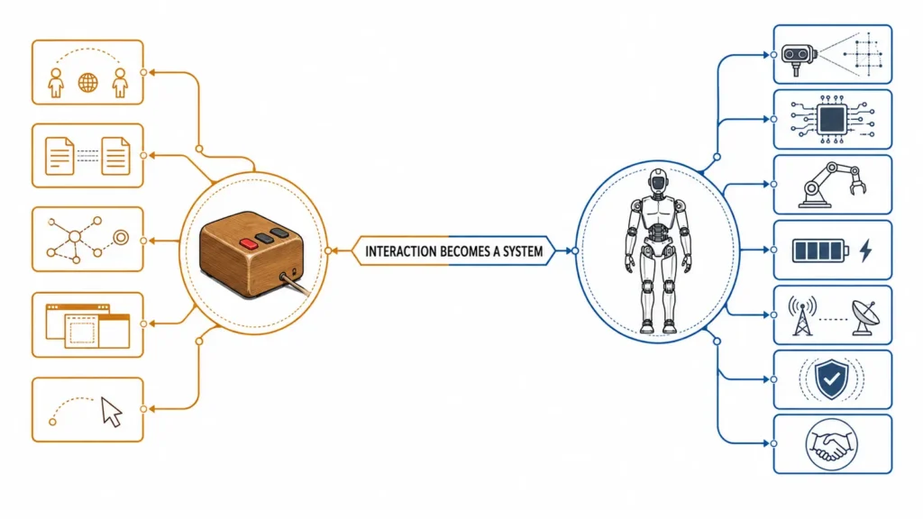 Mirrored comparison of Engelbart's mouse and a humanoid robot connected to their surrounding system layers.