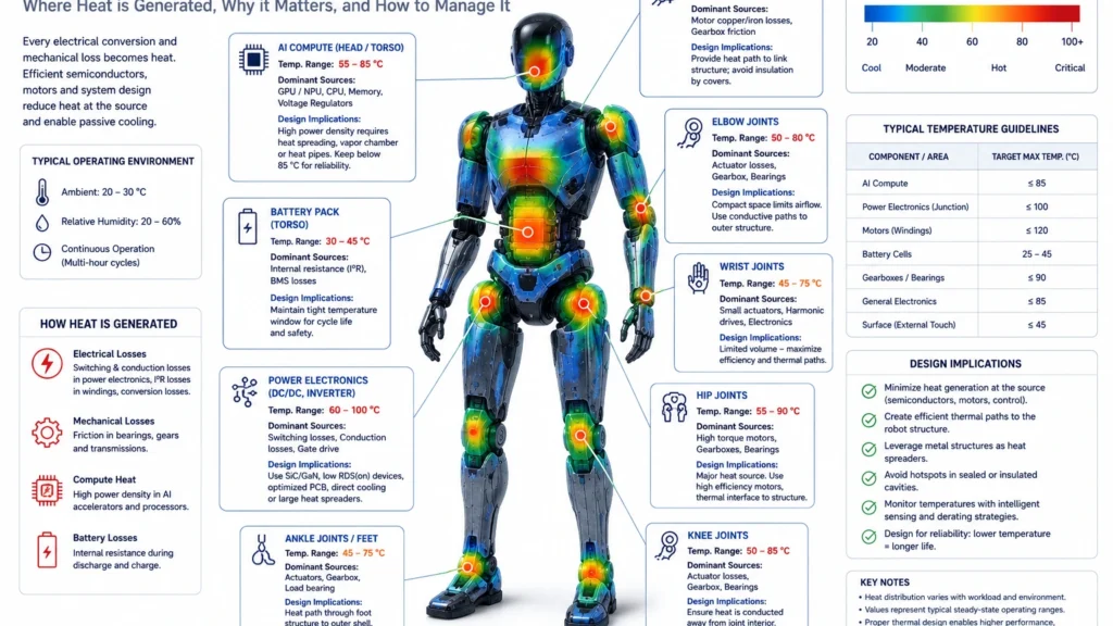 Thermal map of a humanoid robot illustrating concentrated heat sources in joints, power electronics, compute, and battery systems.