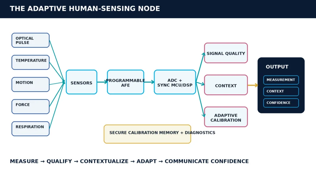 Adaptive human-sensing node architecture from physiological inputs through sensors, analog front ends, ADC, signal quality, context, calibration and fusion