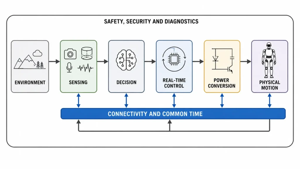 System architecture from environment and sensing through decision, real-time control, power conversion and physical motion.
