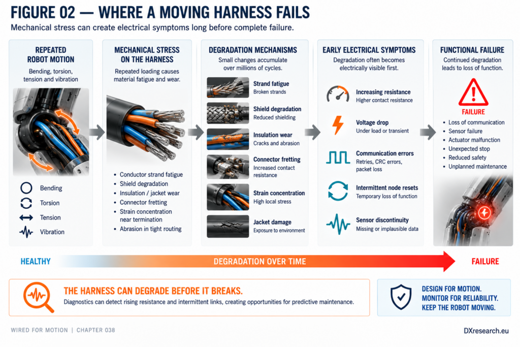 Causal chain from repeated robot motion through harness mechanical stress and early electrical symptoms to functional failure.