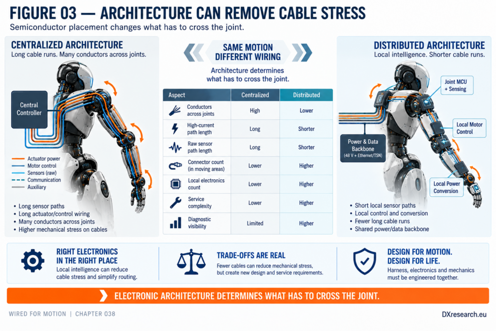 Comparison of centralized and distributed robot-arm electronics showing how semiconductor placement changes wiring that crosses articulated joints.
