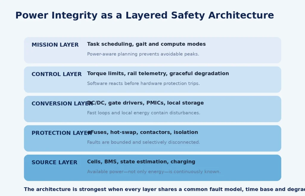 Five-layer architecture connecting battery source, protection, conversion, control, and mission-level power-aware behavior.