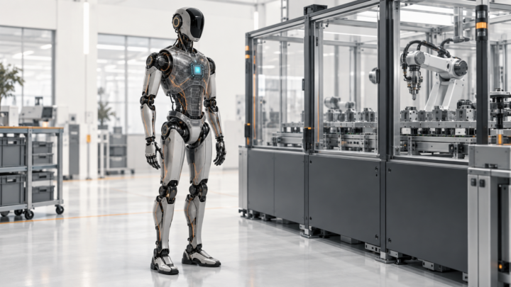 A standing humanoid with most systems dimmed and a small active supervisory core.